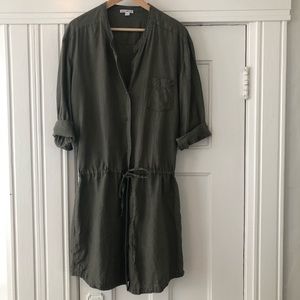 Drop Waist Olive Linen Shirtdress